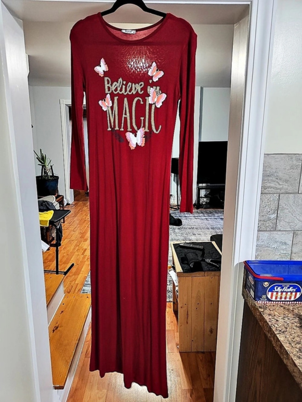 Trend City Red "Believe In Magic" Butterfly Maxi Dress Long Sleeve Size M